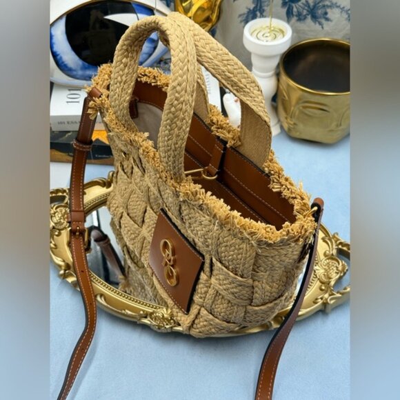 🆕 OROTON 🧿 NWOT Calypso Small Woven Straw Crossbody Tote, Natural & Saddle - Picture 10 of 16
